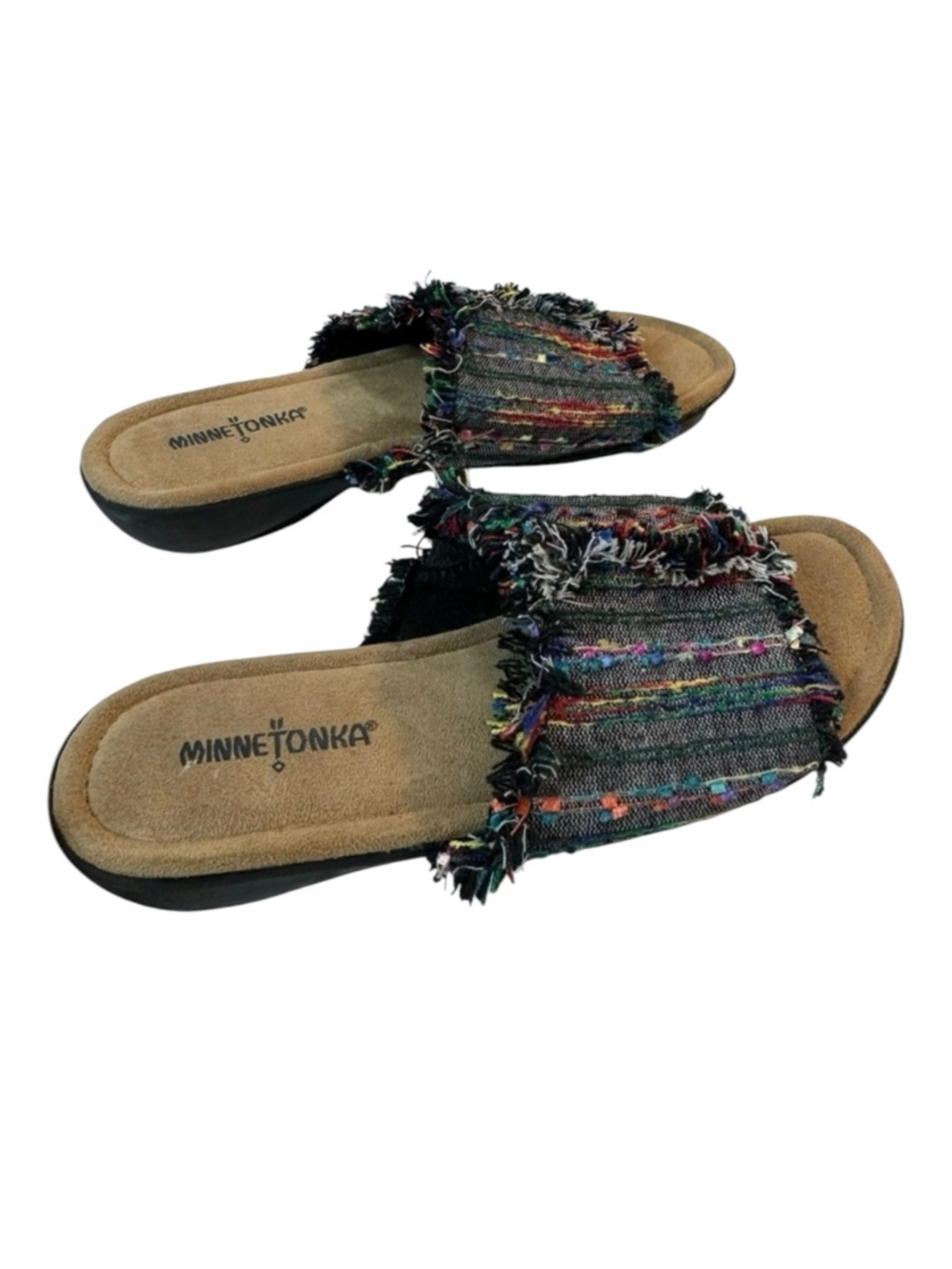 4/$40 Minnetonka‎ Violet Frayed Black & Multi Color Stitching Slid-On Sandals